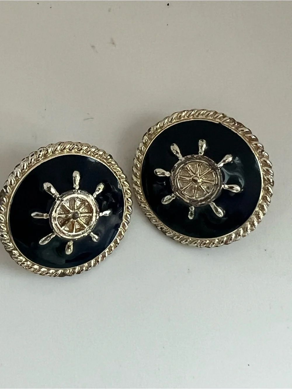 Vintage Nautical Ship Wheel Clip-On Earrings Gold Tone Black Enamel Sailor Coast